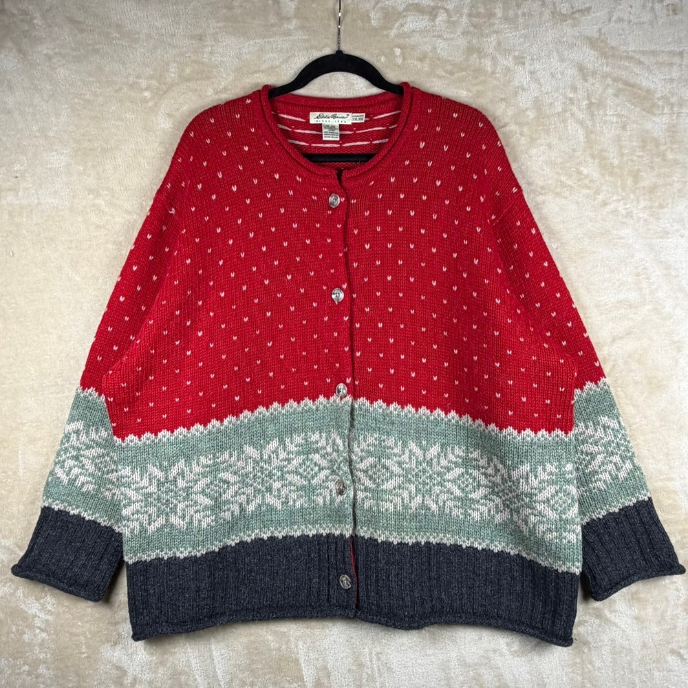 Eddie Bauer Womens XXL Red Wool Alpaca Fair Isle Snowflake Cardigan Sweater Warm